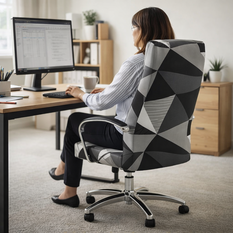 Anyseat Office Chair Cover –Black White Geometric, Large Size, Non-Slip Rotating Seat Case with Universal Armrest Protector
