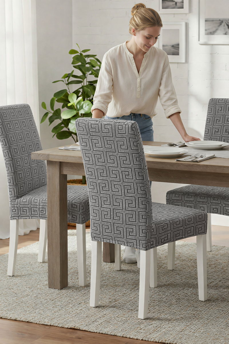 Anyseat Dark Grey Square Geometric Design Chair Cover – Elastic Anti‑Dirt Design for Dining, Kitchen, Wedding, Hotel & Banquet Use