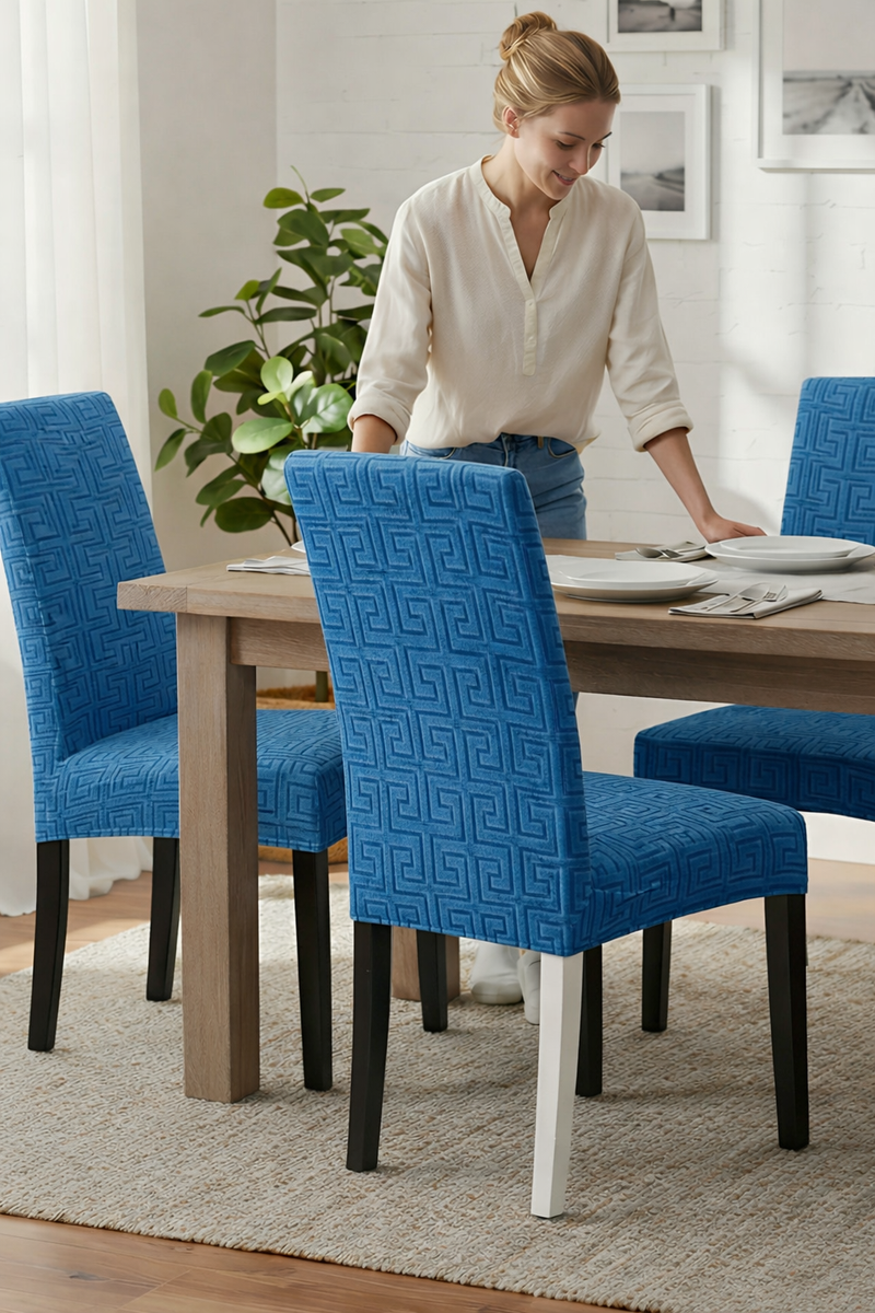 Anyseat Blue Square Geometric Design Chair Cover – Elastic Anti‑Dirt Design for Dining, Kitchen, Wedding, Hotel & Banquet Use