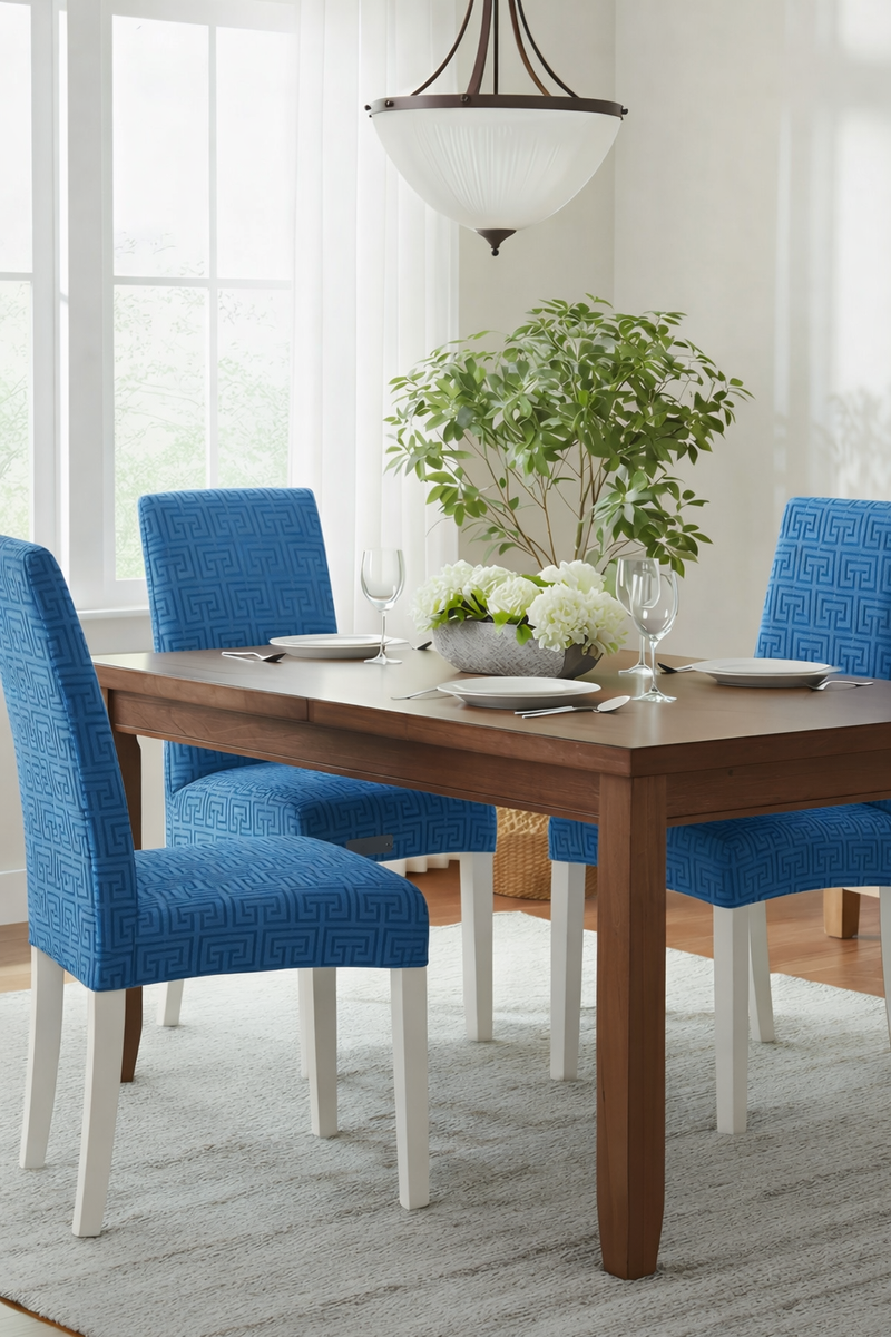 Anyseat Blue Square Geometric Design Chair Cover – Elastic Anti‑Dirt Design for Dining, Kitchen, Wedding, Hotel & Banquet Use