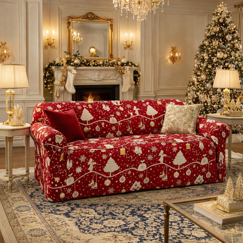 Anyseat Sofa Cover – Red Christmas Festive Design, Non-Slip Stretchable Slipcover for Living Room Chair Protection