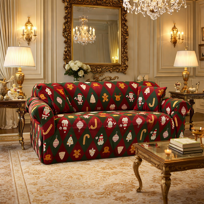 Anyseat Sofa Cover – Green Red Christmas Diamond Design, Non-Slip Stretchable Slipcover for Living Room Chair Protection