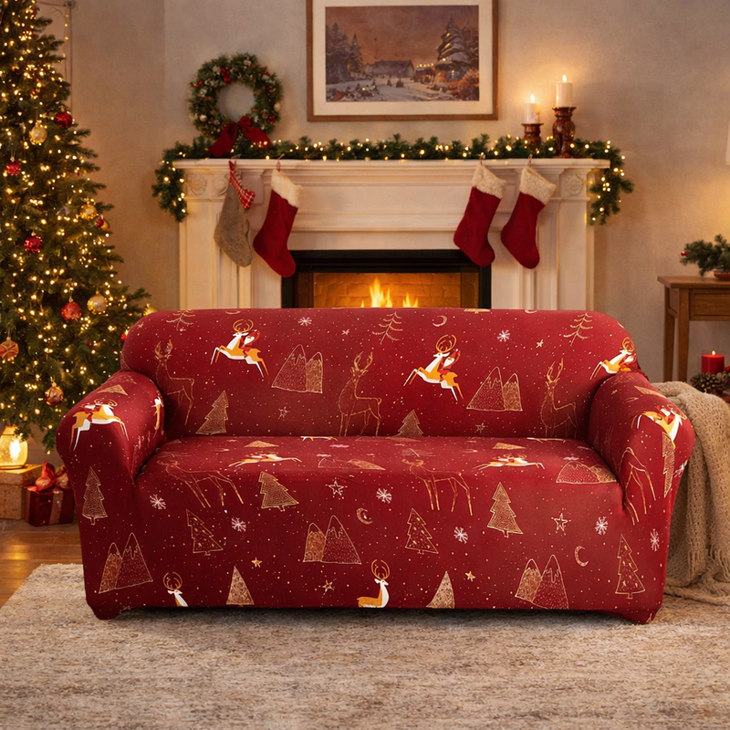 Anyseat Sofa Cover – Maroon Christmas Design, Non-Slip Stretchable Slipcover for Living Room Chair Protection