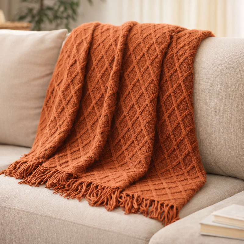 Anycozy Red Faux Cashmere Throw Blanket Nordic Knit Plaid – Soft Warm Decorative Couch & Bed Cover