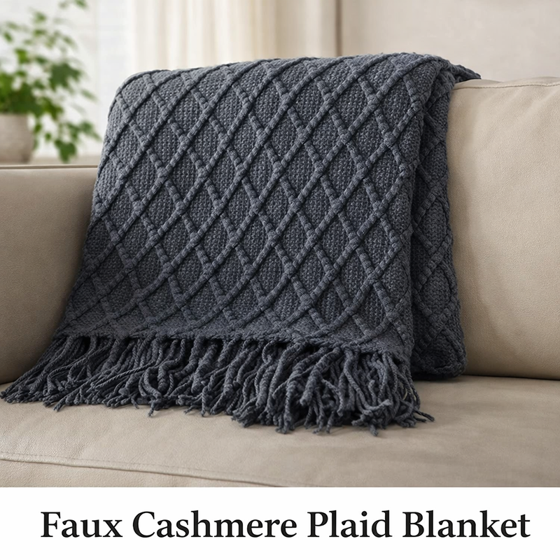 Anycozy Gray Faux Cashmere Throw Blanket Nordic Knit Plaid – Soft Warm Decorative Couch & Bed Cover
