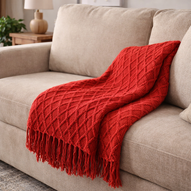Anycozy Red Faux Cashmere Throw Blanket Nordic Knit Plaid – Soft Warm Decorative Couch & Bed Cover
