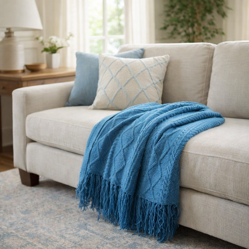 Anycozy Blue Faux Cashmere Throw Blanket – Diamond Knit Sofa Cover & Home Decor Accent