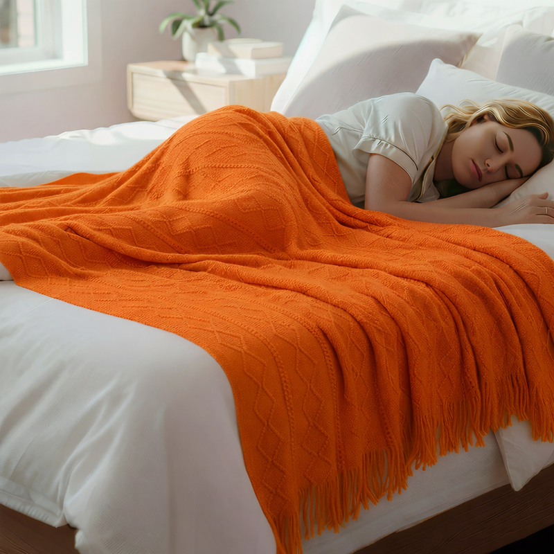 Anycozy Orange Faux Cashmere Throw Blanket – Diamond Knit Sofa Cover & Home Decor Accent