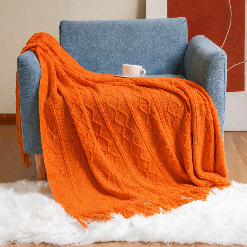 Anycozy Orange Faux Cashmere Throw Blanket – Diamond Knit Sofa Cover & Home Decor Accent