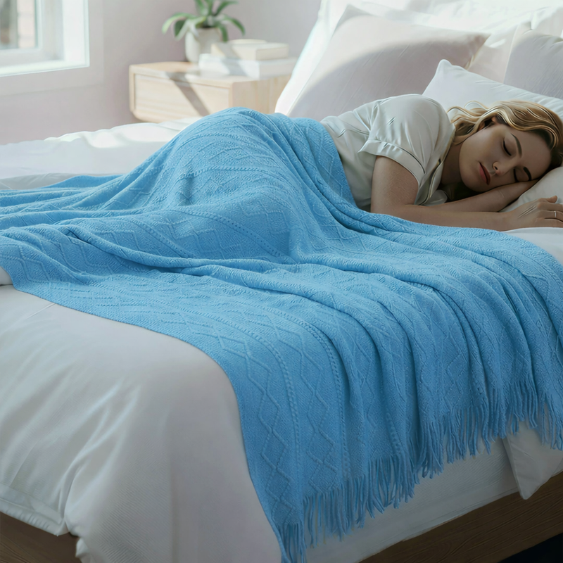 Anycozy Sky Blue Faux Cashmere Throw Blanket – Diamond Knit Sofa Cover & Home Decor Accent