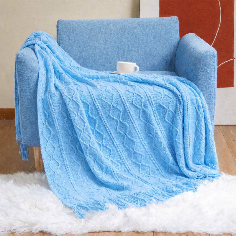 Anycozy Sky Blue Faux Cashmere Throw Blanket – Diamond Knit Sofa Cover & Home Decor Accent