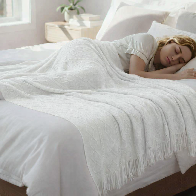 Anycozy White Faux Cashmere Throw Blanket – Diamond Knit Sofa Cover & Home Decor Accent