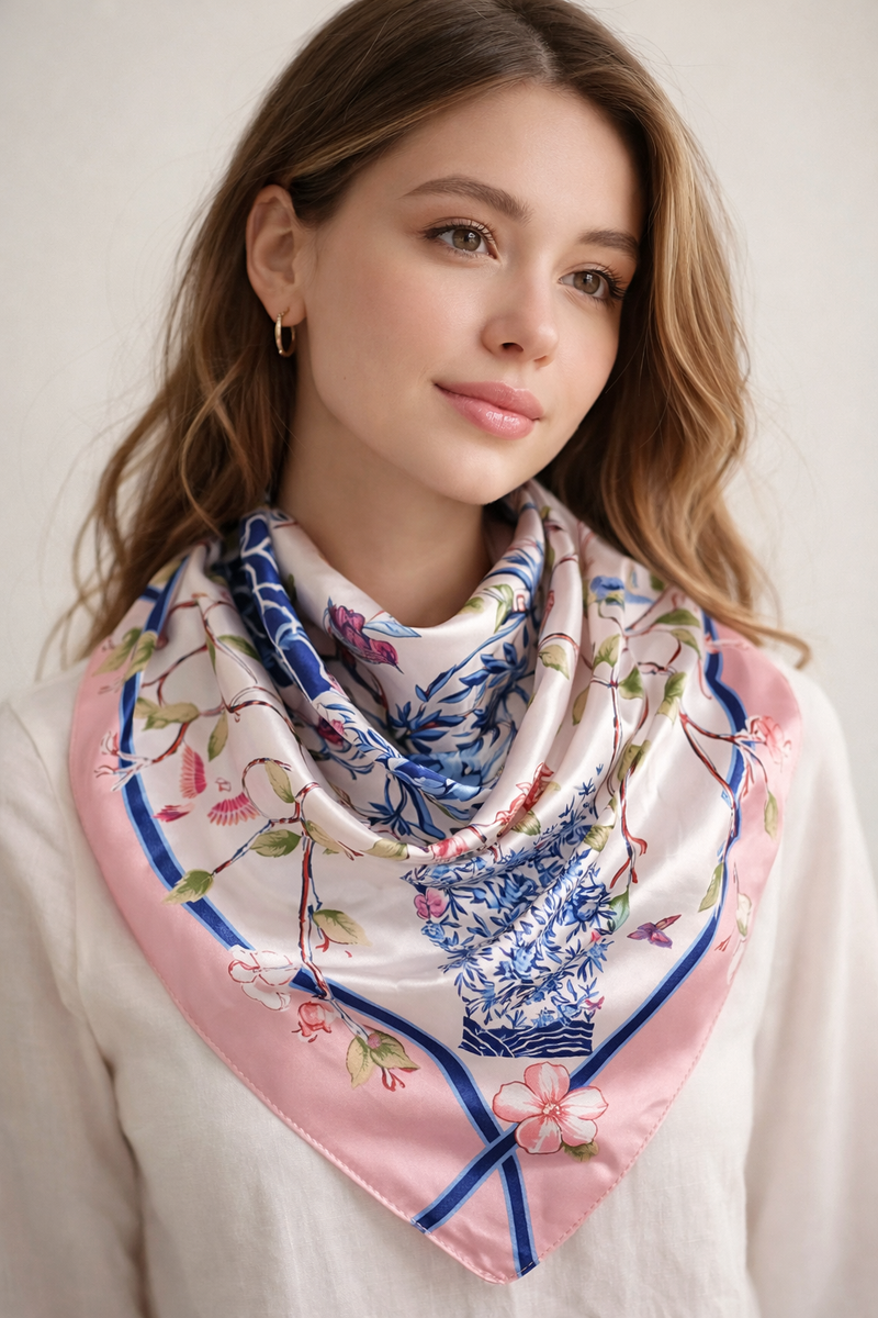 Anyyou Fashion Premium Satin Square Scarf – Vase Floral Pink Silk-Feel Neckwrap for Women