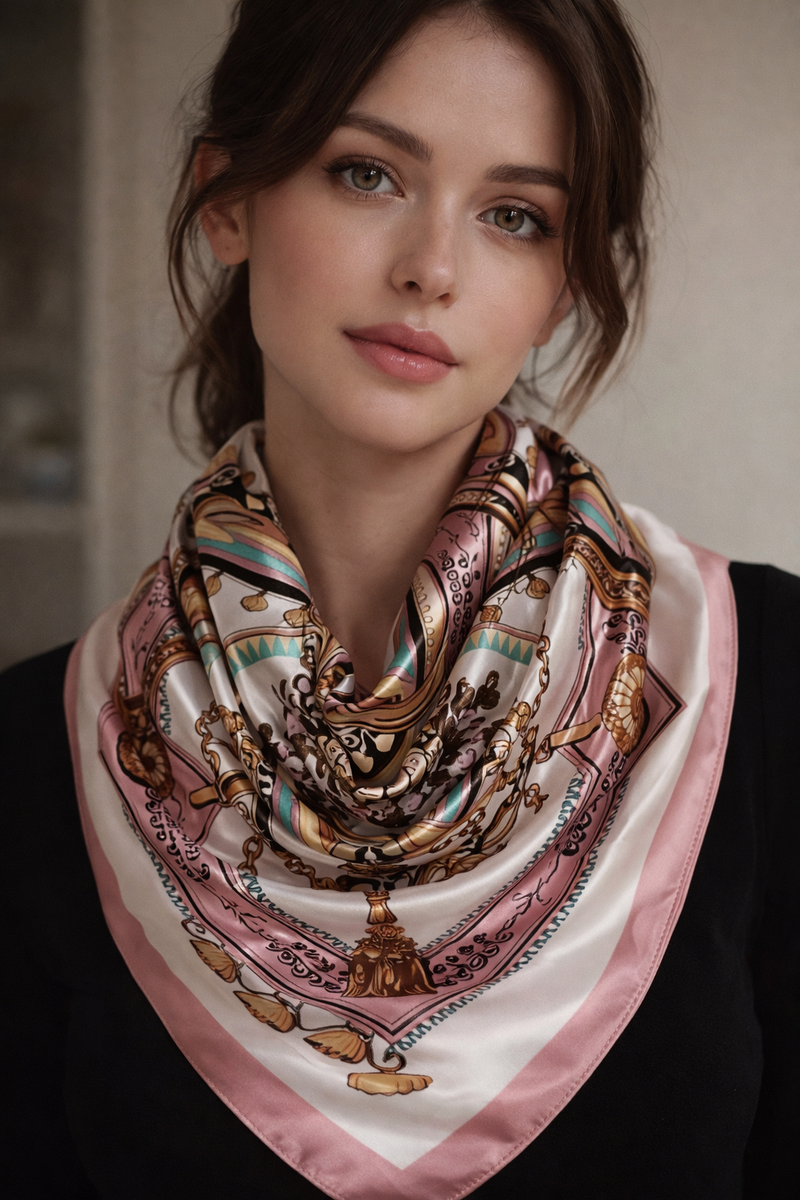 Anyyou Fashion Premium Satin Square Scarf – Pink Chain Flower Silk-Feel Neckwrap for Women