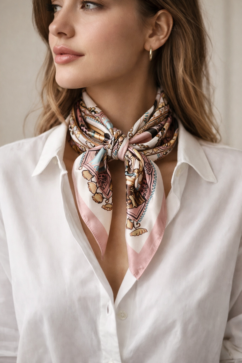 Anyyou Fashion Premium Satin Square Scarf – Pink Chain Flower Silk-Feel Neckwrap for Women