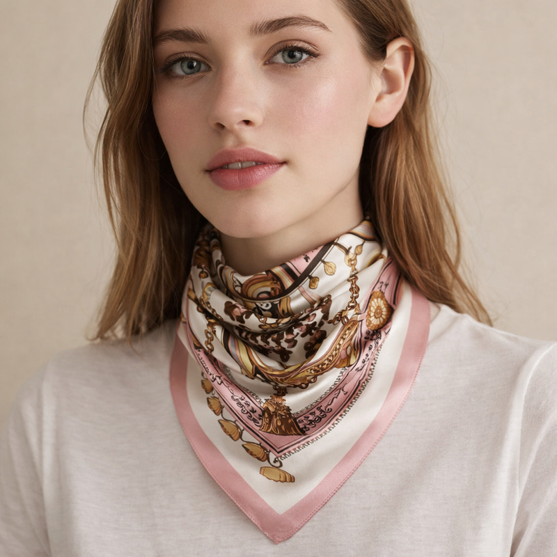 Anyyou Fashion Premium Satin Square Scarf – Pink Chain Flower Silk-Feel Neckwrap for Women