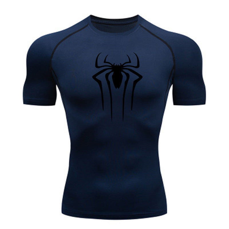 ANYMENS Fitness Tshirt Dark Blue With Small Spider Black Print Gym Workout Compression Short Sleeve Quick Dry Athletic Tops Sportswear For men