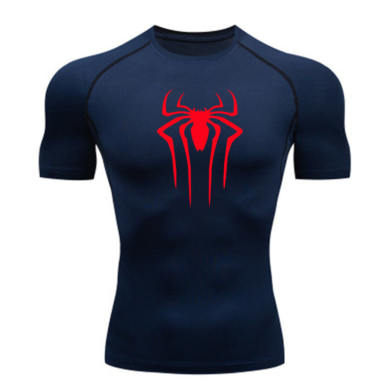 ANYMENS Fitness Tshirt Dark Blue With Small Spider Red Print Gym Workout Compression Short Sleeve Quick Dry Athletic Tops Sportswear For men