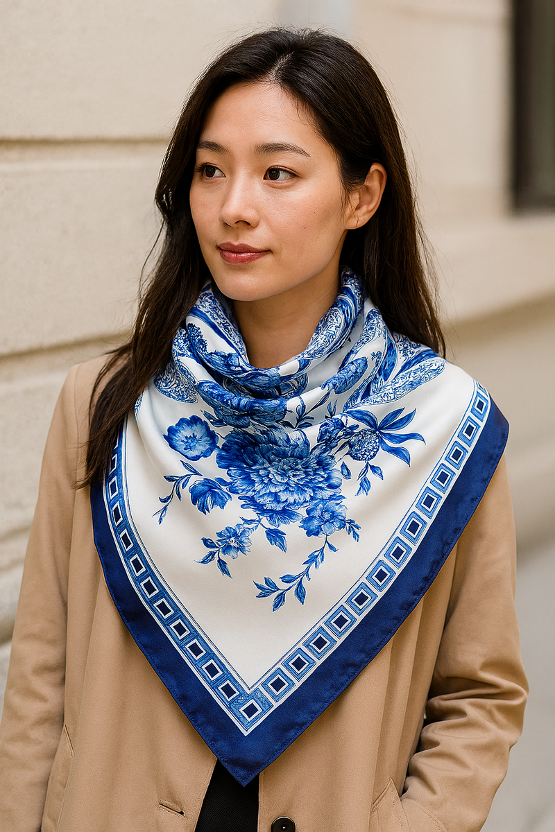 Anyyou Fashion Premium Satin Square Scarf – Blue White Vase Silk-Feel Neckwrap for Women