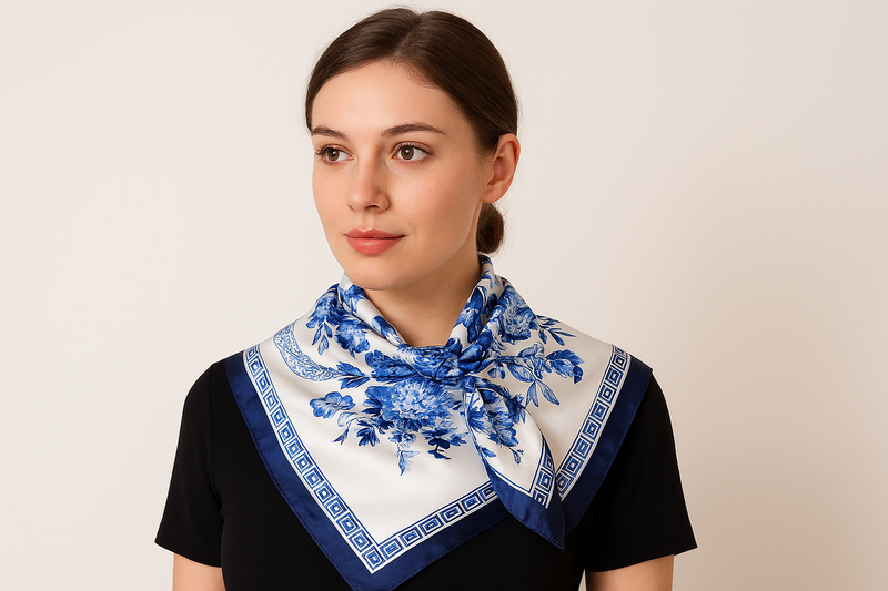 Anyyou Fashion Premium Satin Square Scarf – Blue White Vase Silk-Feel Neckwrap for Women