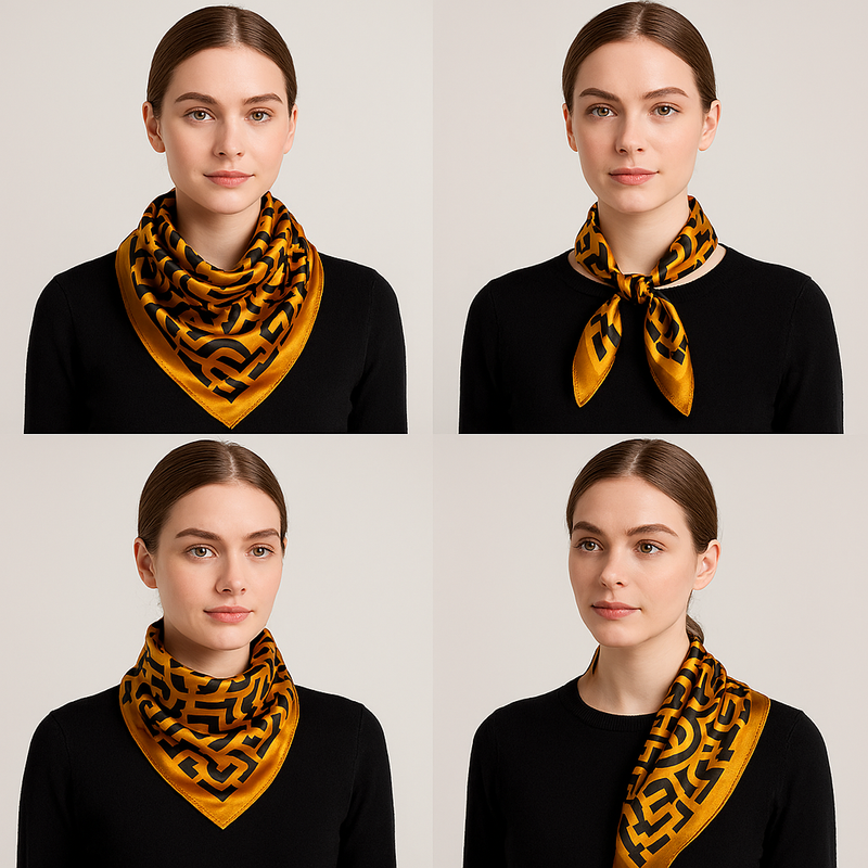 Anyyou Fashion Premium Satin Square Scarf – Gold Black Silk-Feel Neckwrap for Women