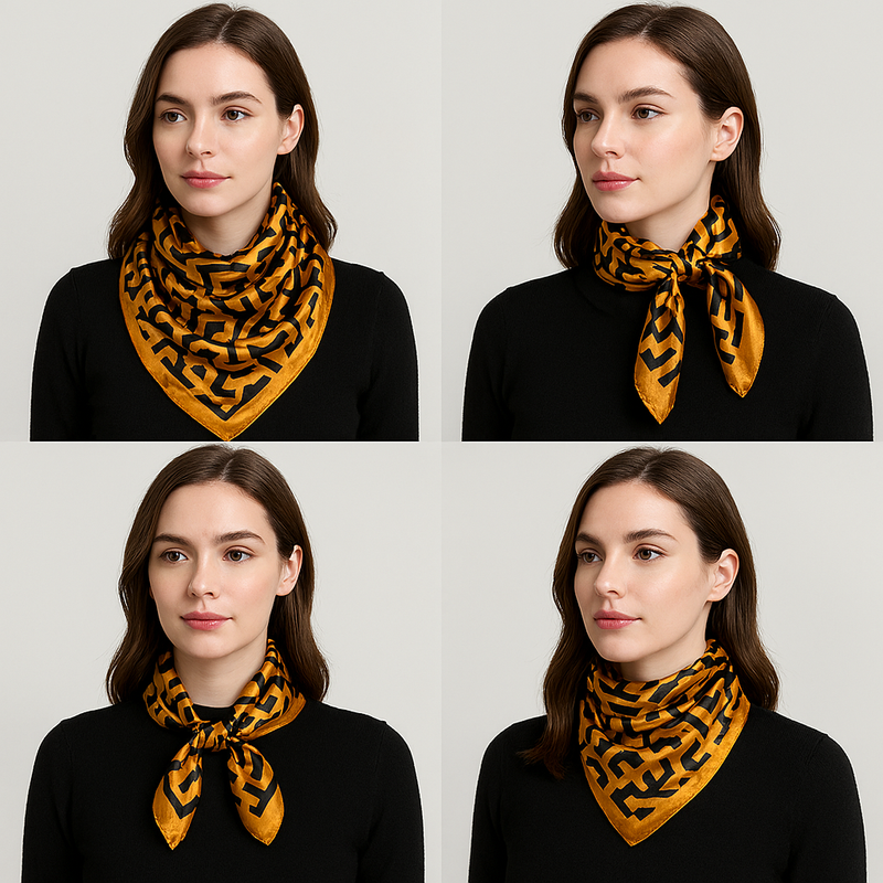 Anyyou Fashion Premium Satin Square Scarf – Gold Black Silk-Feel Neckwrap for Women