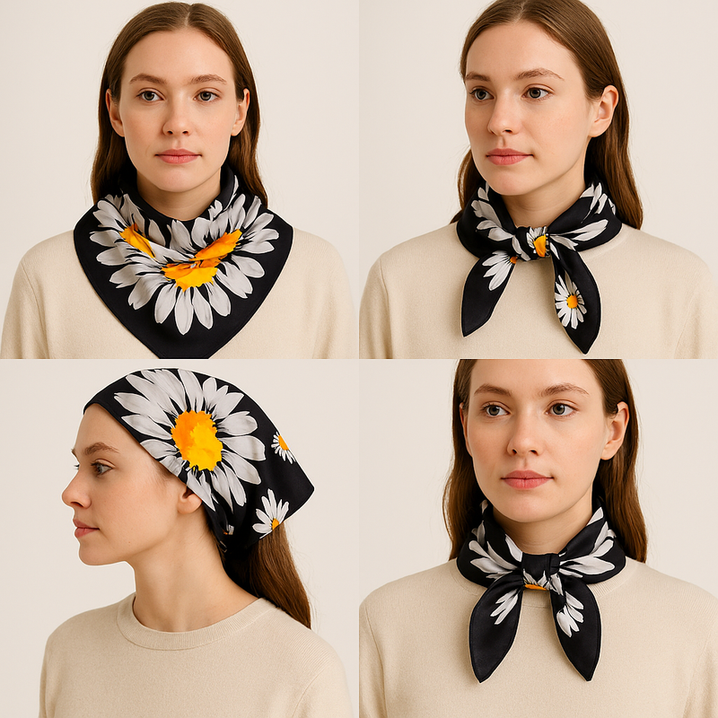 Anyyou Fashion Premium Satin Square Scarf -Black Daisy Silk-Feel Neckwrap for Women