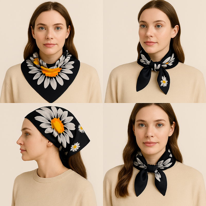 Anyyou Fashion Premium Satin Square Scarf -Black Daisy Silk-Feel Neckwrap for Women