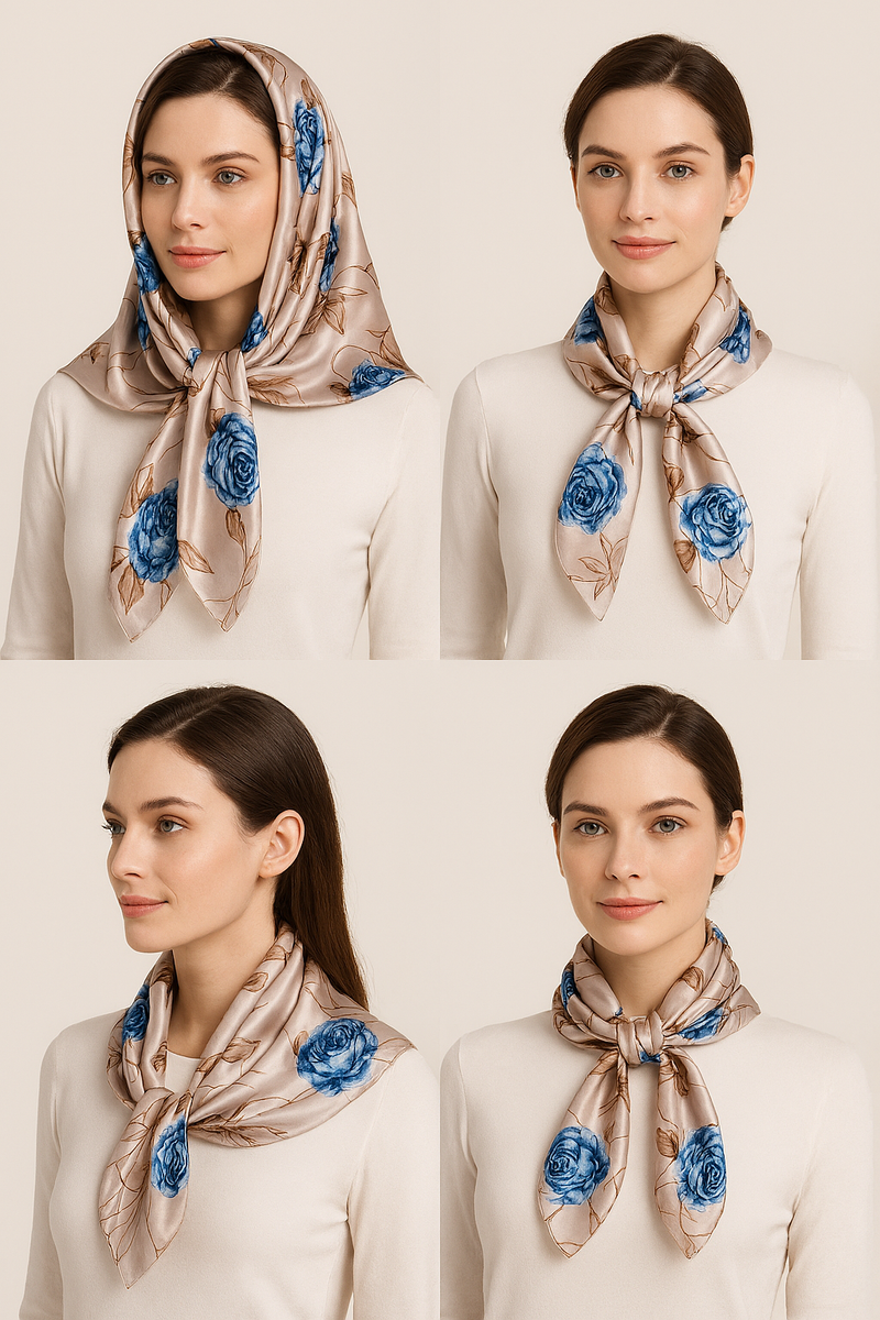 Anyyou Fashion Premium Satin Square Scarf – Grey Blue Roses Silk-Feel Neckwrap for Women