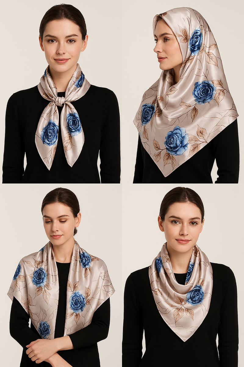 Anyyou Fashion Premium Satin Square Scarf – Grey Blue Roses Silk-Feel Neckwrap for Women