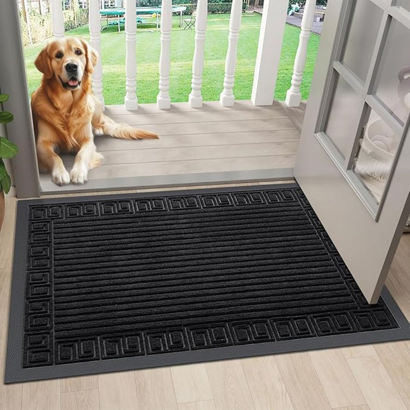 Anymat Doormat Black Rubber Frame Stripes Non Slip Dirt Trap Water Absorbing Mat