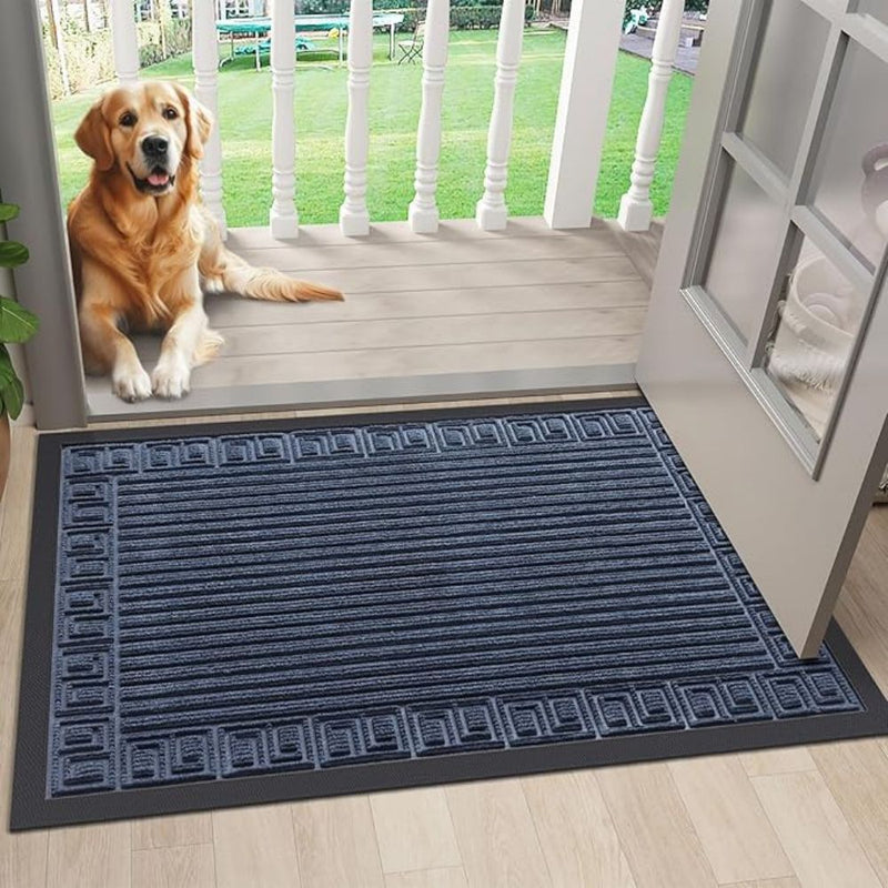 Anymat Doormat Navy Blue Rubber Frame Stripes Non Slip Dirt Trap Water Absorbing Mat