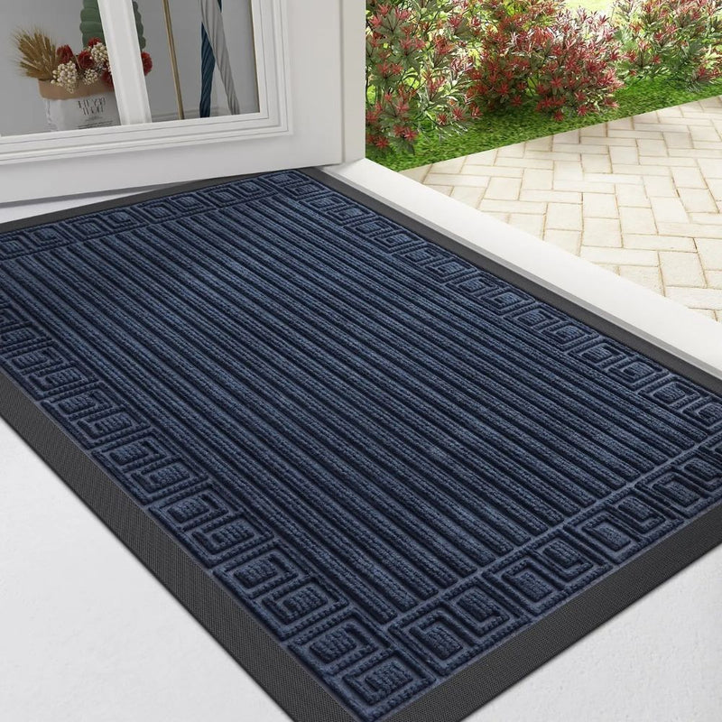 Anymat Doormat Navy Blue Rubber Frame Stripes Non Slip Dirt Trap Water Absorbing Mat