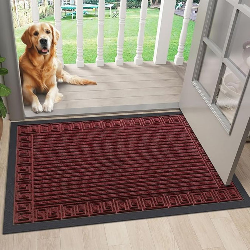 Anymat Doormat Wine Red Rubber Frame Stripes Non Slip Dirt Trap Water Absorbing Mat
