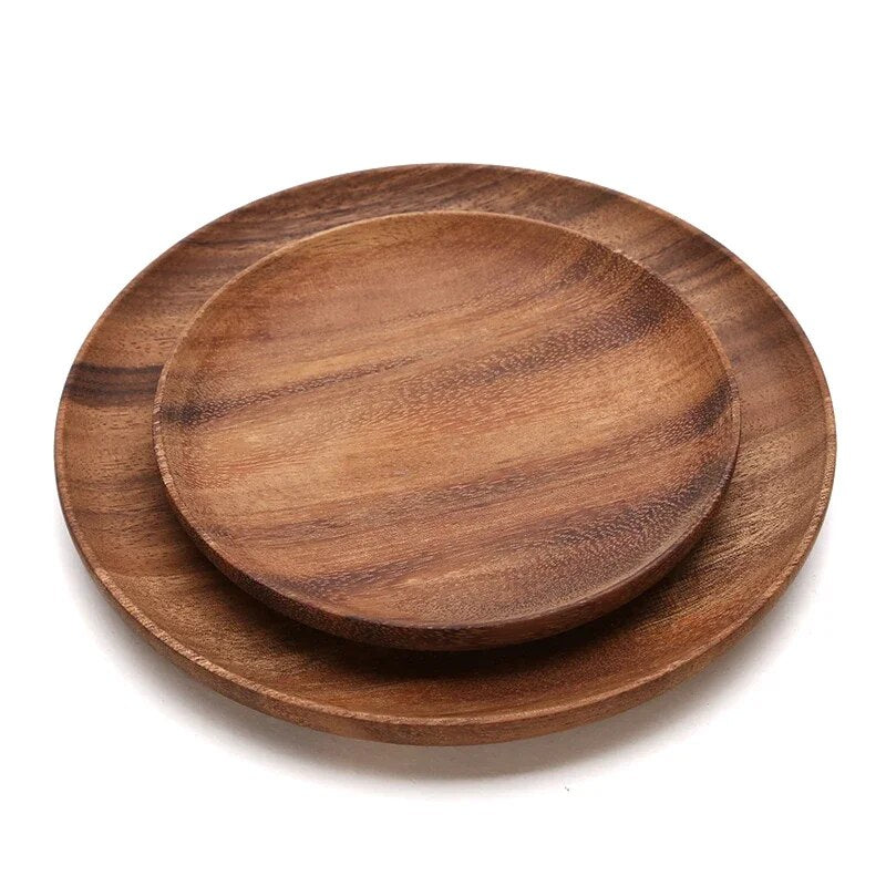 Anygleam Natural Wood 2pcs Round Wooden Plate Food Kitchen Tableware