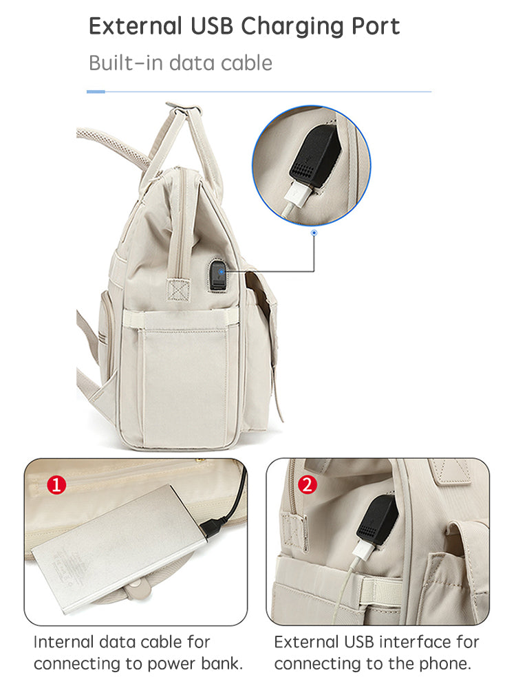 Anymom Mommy Diaper Bag Grey Backpack 2Pcs Stroller Hook with Internal USB Charging Port