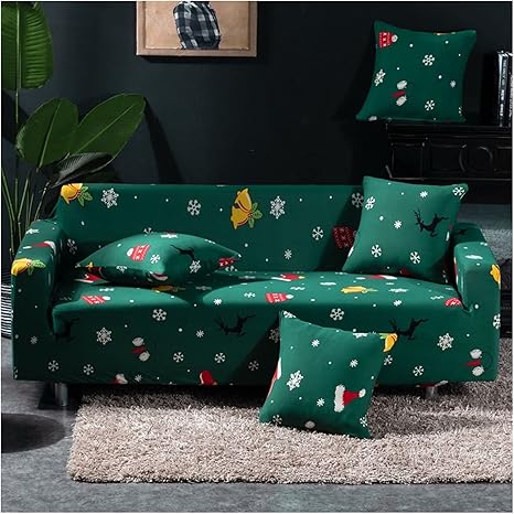 Anyseat Sofa Cover Green Christmas Snowflakes Design Stretchable Non Slip Slipcover