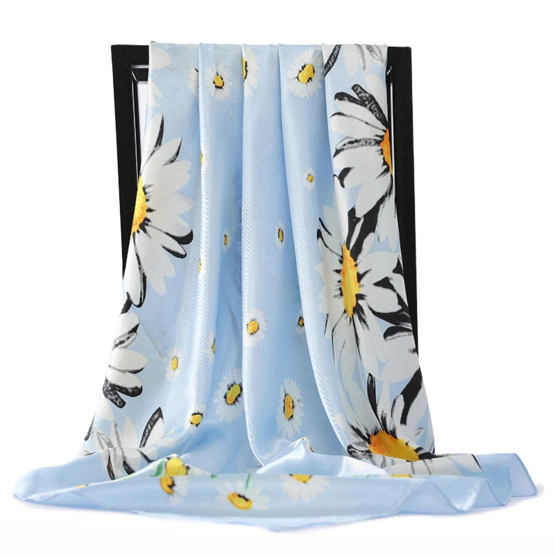 Anyyou Scarf for Women Daisy Blue Print Square Silk Shawl For Summer Spring And Fall