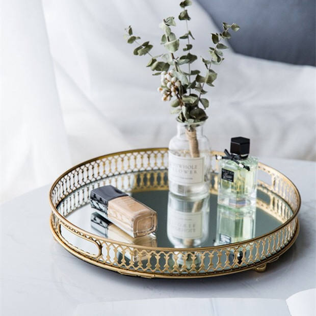 ANYHOUZ 25cm Gold Round Glass Mirror Base Metal Vanity Food Serving Organizer Jewelry Cosmetics Storage Tray with Handle