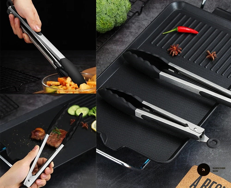 Anygleam Tong Stainless Steel Large Black Handle Clip Heat Resistant Cooking Baking Salad Steak Kitchen Gadget