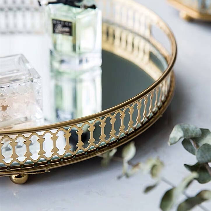 ANYHOUZ 25cm Gold Round Glass Mirror Base Metal Vanity Food Serving Organizer Jewelry Cosmetics Storage Tray with Handle