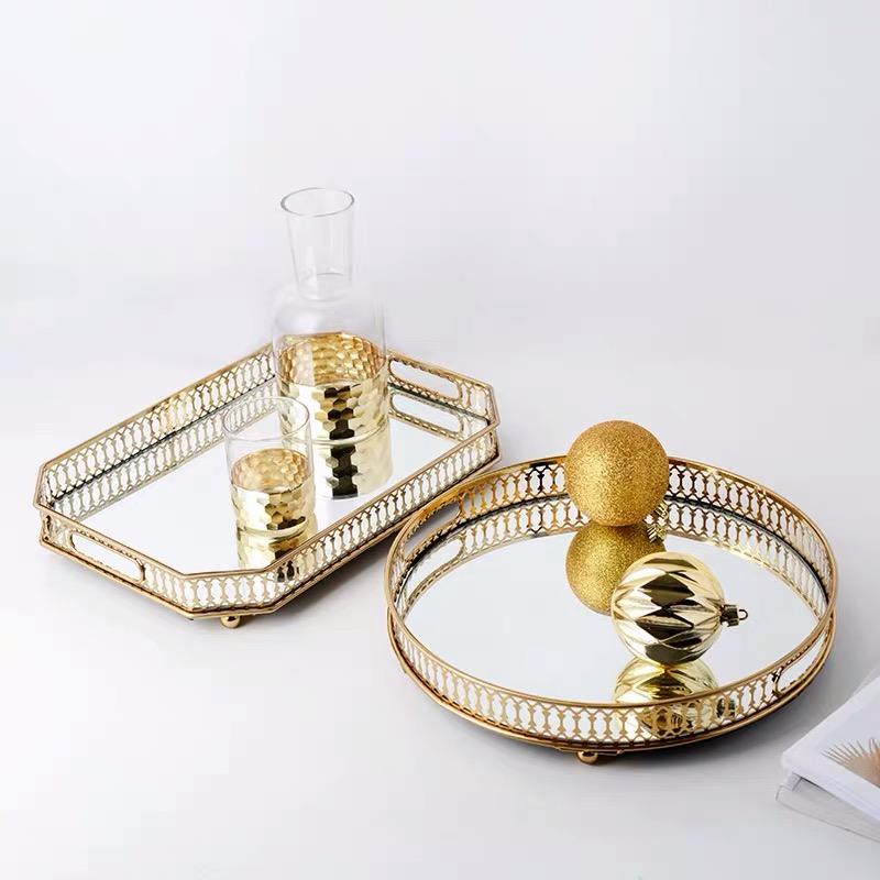ANYHOUZ 31.5cm Gold Round Glass Mirror Base Metal Vanity Food Serving Organisr Jewelry Cosmetics Storage Tray with Handle