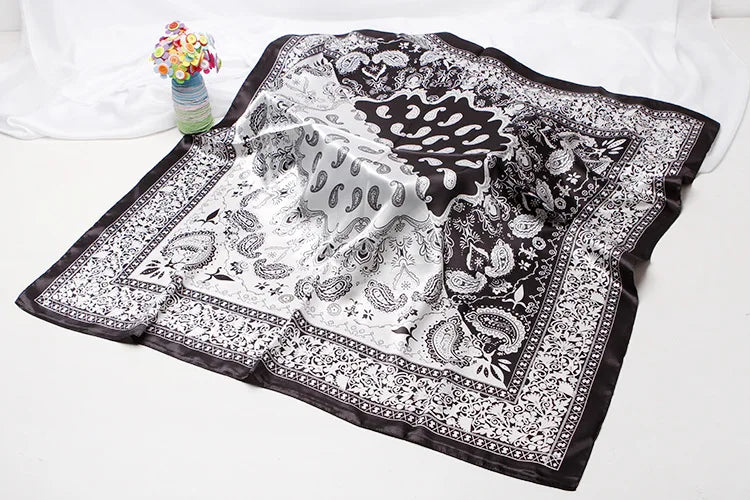 Anyyou Scarf for Women Black White Printed Square Silk Shawl For Summer Spring And Fall
