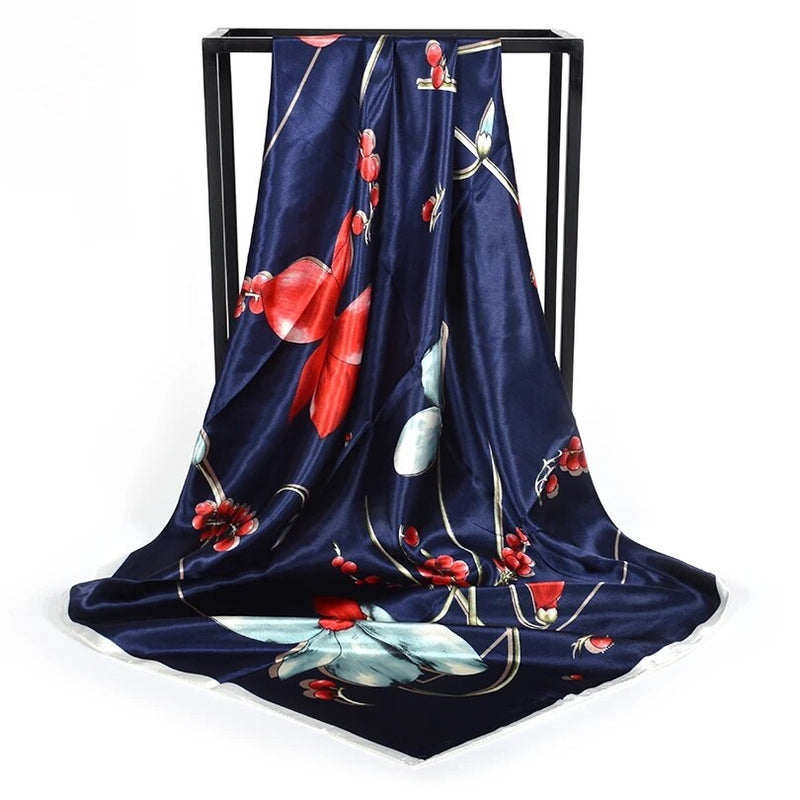 Anyyou Scarf for Women Navy Blue Red Printed Polyester Silk Big Square Silk 90*90cm Satin For Spring Summer Autumn Winter