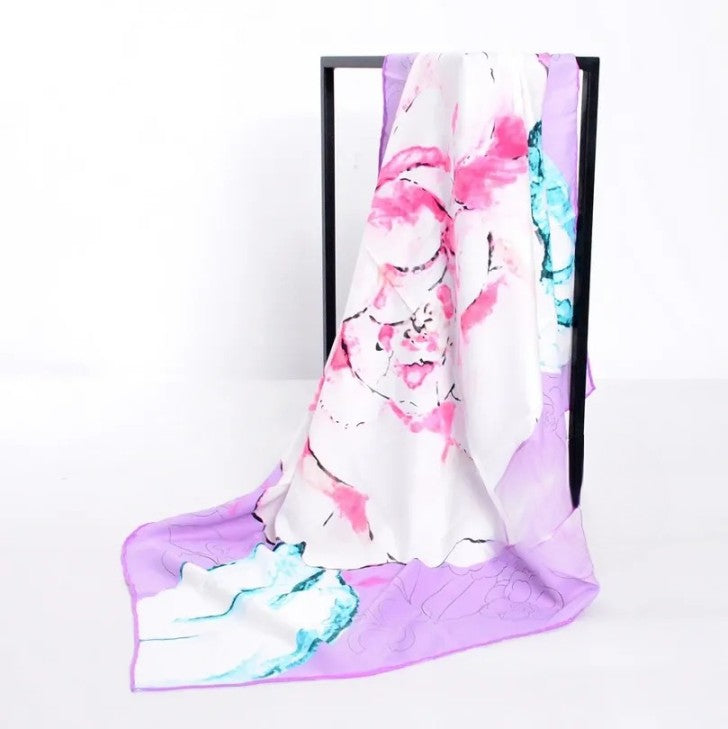 Anyyou Scarf for Women Floral Light Purple Pattern Hand Sewing Edge High Quality Large Silk Cape