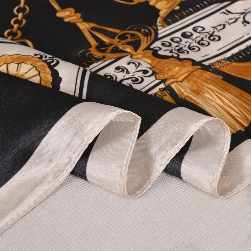 Anyyou Scarf for Women Gold Black Satin Silk Shawl Fashion Accessories Chain Flowers Pattern Autumn Winter Scarves