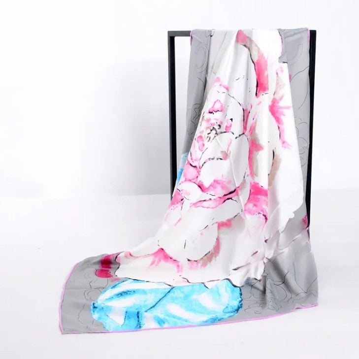 Anyyou Scarf for Women Floral Grey Pink Pattern Hand Sewing Edge High Quality Large Silk Scarf Cape