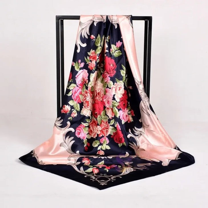 Anyyou Scarf for Women Navy Blue Floral Pink Printed Polyester Silk Big Square Silk Scarf 90*90cm Satin For Spring Summer Autumn Winter