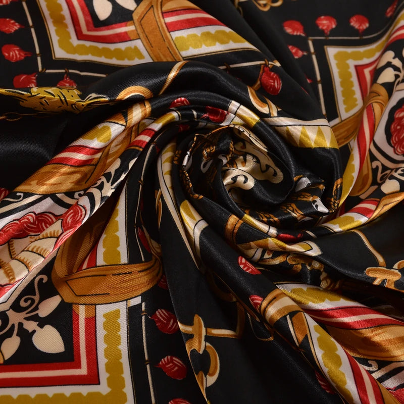 Anyyou Scarf for Women Gold Black Satin Silk Shawl Fashion Accessories Chain Flowers Pattern Autumn Winter Scarves