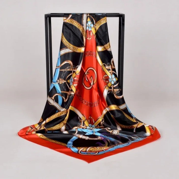 Anyyou Scarf for Women Red Black Printed Satin Silk Shawl Fashion Accessories Chain Flowers Pattern Autumn Winter Scarves